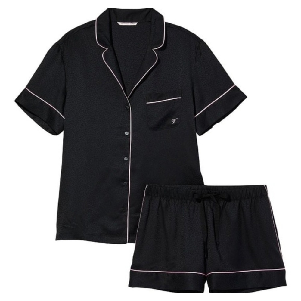 Victorias Secret Black Signature Logo Satin Pajama Set Long Sleeve Shorts Sz XL